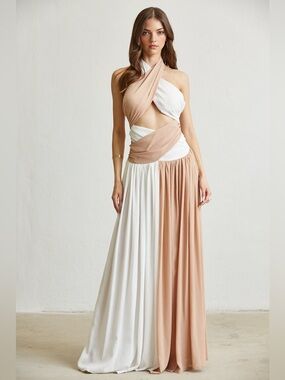 Two-Tone Wrap Maxi Dress in Cream and Tan